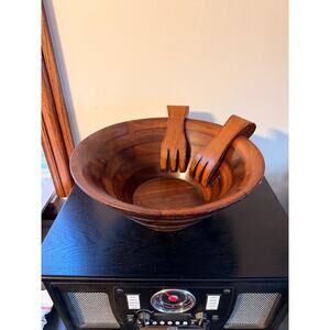 Wood Salad Bowl Set with 2 Wooden Hands Serving Utensils